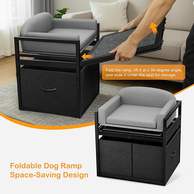 Pet Stairs Ramp Doggie Stairs with Seat & Storage Drawers,Extra Wide Seat Mate Chair Puppy for High Bed Couch Office,Non Slip Dachshunds,Step for Small Dogs,Cat Ladder Grey(Hold Up to 100 lbs)