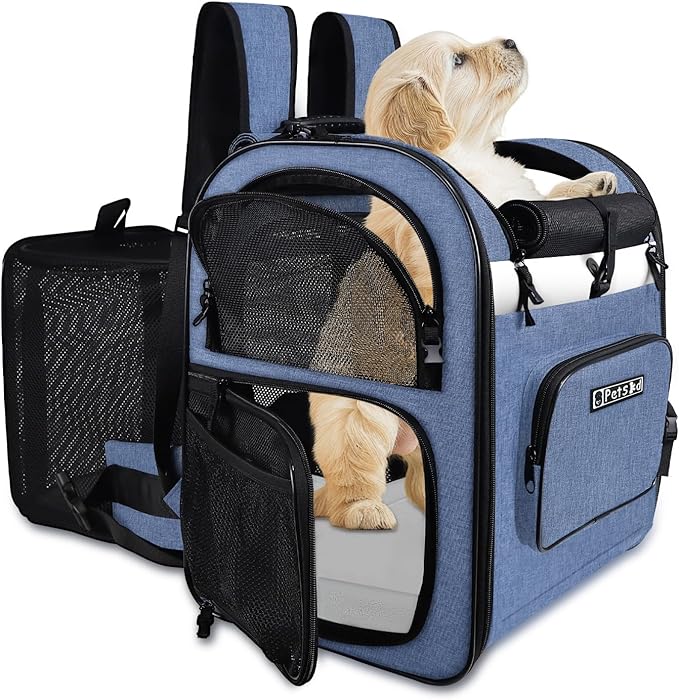 Petskd Expandable Pet Backpack Carrier 16.5x14.5x11 Inches for Small Dogs and Medium Cats,Portable Dog Cat Backpack Carrier for Hiking,Vet,Travel(Blue)