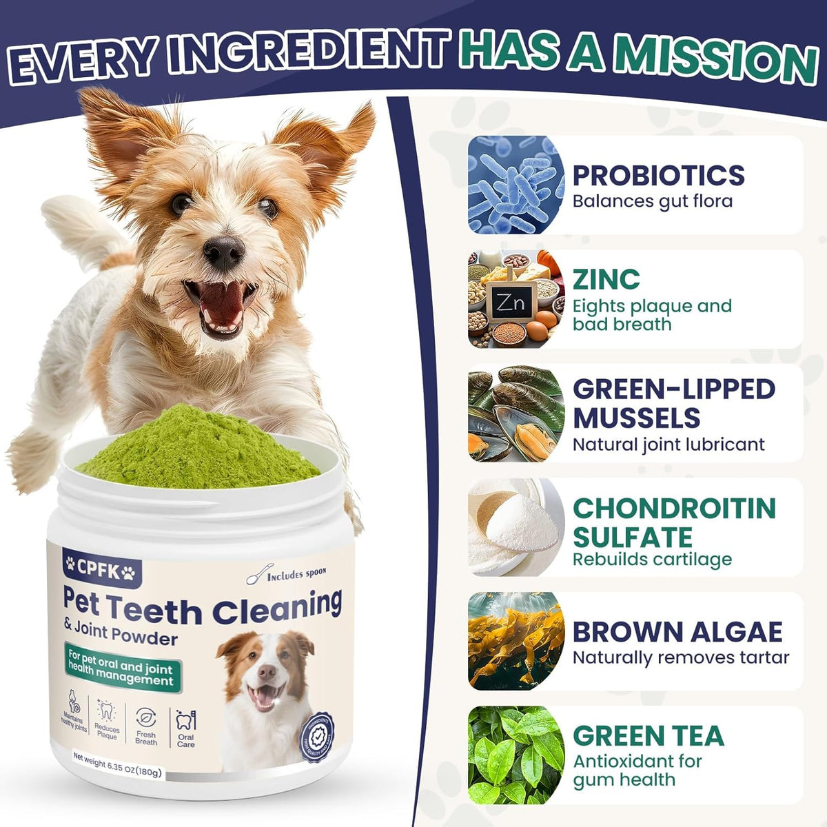 Dental Cleaning Joint Powder for Dogs - 6.35OZ Dog Dental Cleaning Powder with Probiotics to Lighten Bad Breath and Control Plaque Tartar Supports Dog Dental Care and Joint Health