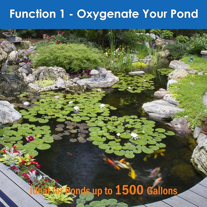 AquaMiracle All-in-One Koi Pond Aerator for Outdoor Ponds up to 1500 Gallons, Pond Air Pump Pond Aeration System with 2-Outlet Manifold Airline Tubing Air Stones Check Valves