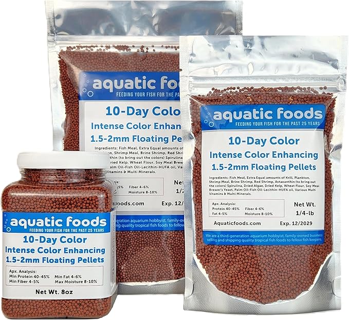 Aquatic Foods Inc. Ultra Intense Color Enhancing with a 10-Day Color Change, 1.5mm - 2mm Floating Pellets for Cichlids, Discus, All Baby and Small Tropical Fish & Pond Fish...1/2-lb Bag