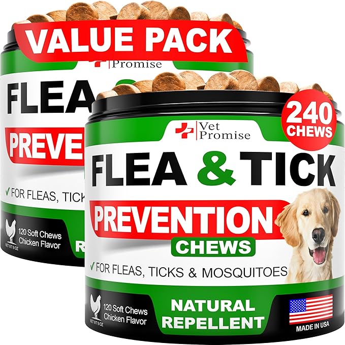 (2 Pack) Flea and Tick Prevention for Dogs Chewables - All Natural Flea & Tick Control Chews - Oral Pills for Dogs Supplement - All Breeds and Ages - Made in USA - 240 Chews