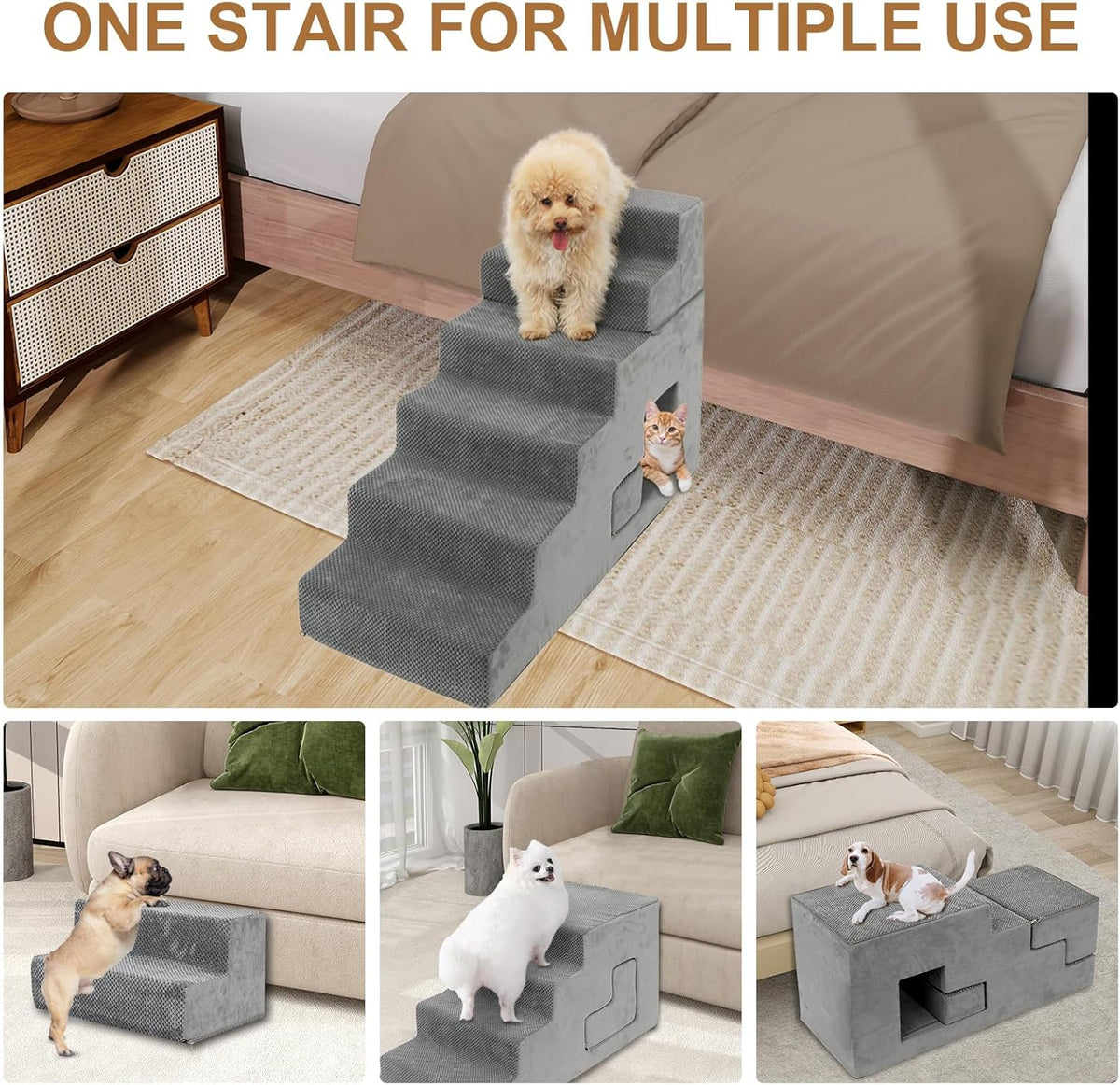 Dog Stairs for Small Dogs 27”H, 6-Step Dog Steps for High Bed, High-Density Foam Pet Stairs with Non-Slip Removable Washable Cover to Get on Bed(Grey)