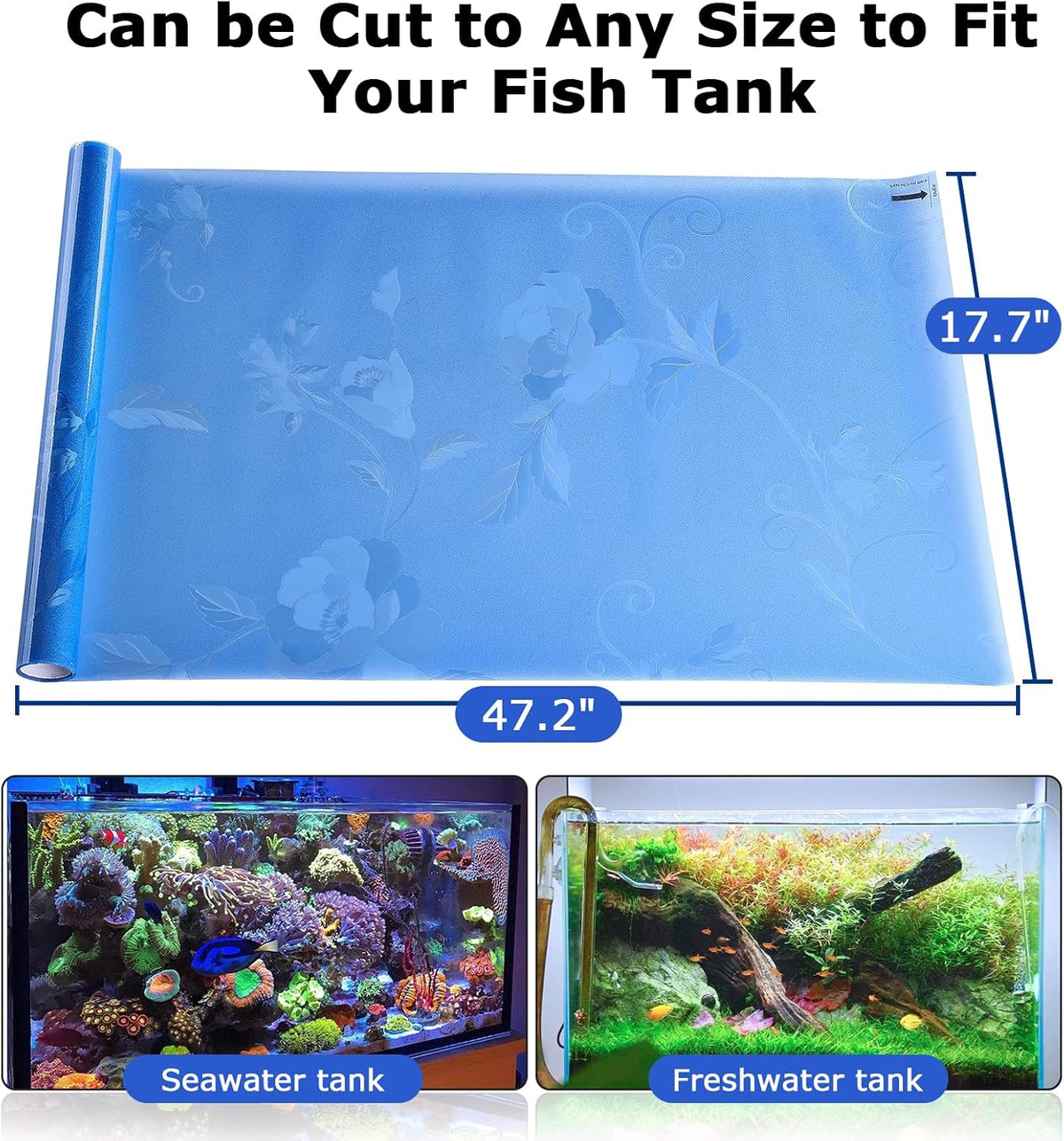Aquarium Background Paper, Blue Fish Tank Backdrop Wallpaper Electrostatic Adhesive, No Glue, Easy to Install, Reusable (17.7" H × 47.2" L, Translucent)