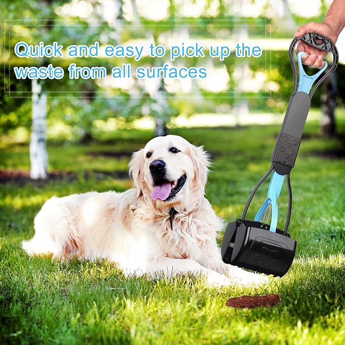 PPOGOO Non-Breakable Pooper Scooper for Large Medium Small Dogs with 24.3inch Long Handle High Strength Material Durable Spring, Easy Grass and Gravel Pick Up
