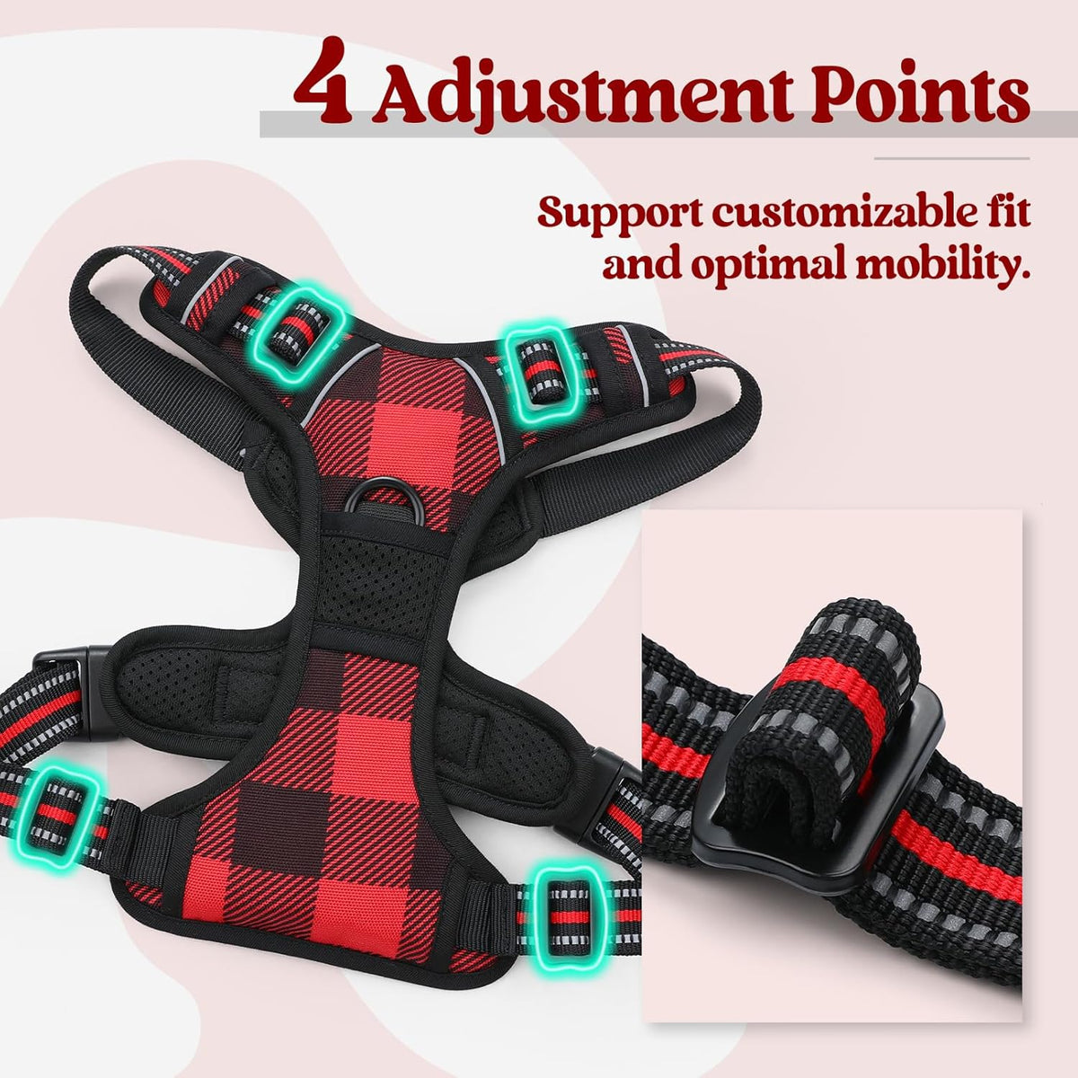 rabbitgoo Dog Harness No Pull with 2 Leash Clips, Adjustable Soft Padded, Reflective Oxford No Choke Pet Vest with Easy Control Handle for Large Dogs, Red Plaid, XL