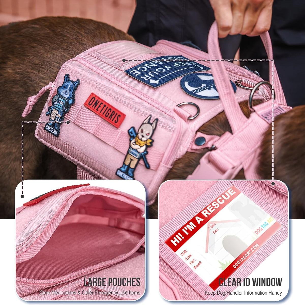 OneTigris Service Dog Vest Harness, Service Dog Cape Guardian Dog Backpack Harness with Pouches Dog Saddle Bag for Small Medium and Large Dogs (Pink, Large)