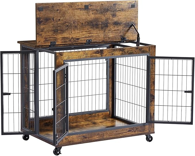 IchbinGo Dog Crate Furniture, Wooden Dog Crate Table, 31.5" Dog Kennel with 3 Doors, Flip-up Top Opening and Wheels, Decorative Pet Crate Dog House for Medium/Small Dog Indoor Use (Rustic Brown)