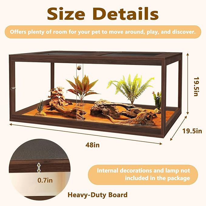 PROLEE Bearded Dragon Tank,81 Gallon Reptile Tank with Meatl Mesh Roof and Front Sliding Door, Anti-Scratch Lizard Tank,Spacious Reptile Enclosure for Snakes,Lguanas, Chameleons(Walnut)