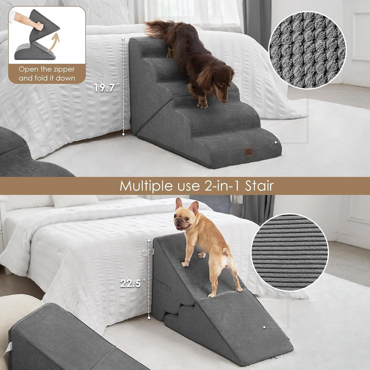 EHEYCIGA Curved Foldable Dog Stairs Ramp for High Beds 22.5" H, 5-Step Dog Steps for Small Dogs and Cats, Pet Stairs for High Bed Climbing, Non-Slip Balanced Pet Step Indoor, Grey