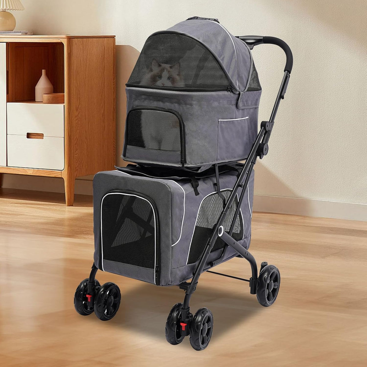 2 Tiers Pet Stroller,4 Wheel Dog Stroller Cat Strollers,3.07lbs Pet Gear Foldable Jogger Travel Cart,Grey Cat Carrying Cart with Storage Basket for Small Medium Pet (Grey)
