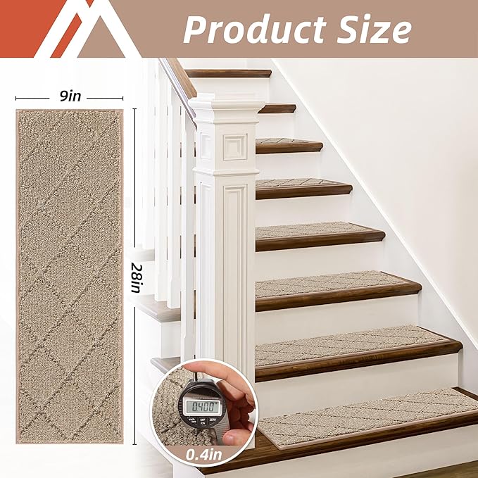 COSY HOMEER Edging Stair Treads Non-Slip Carpet Mat 28inX9in Indoor Stair Runners for Wooden Steps, Edging Stair Rugs for Kids and Dogs, 100% Polyester TPE Backing (15pc, Beige)