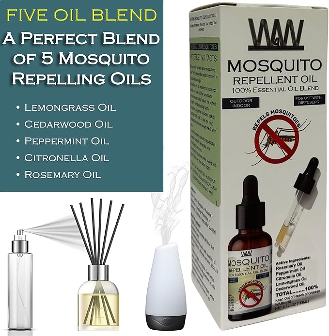 W4W Mosquito Oil - 100% Essential Oil Blend - 4 Oz - Mosquitoes, Gnats & other Flying Insects - for use with Diffusers, Sprays, Lotions, & Soaps - 4 Ounce Dropper Bottle