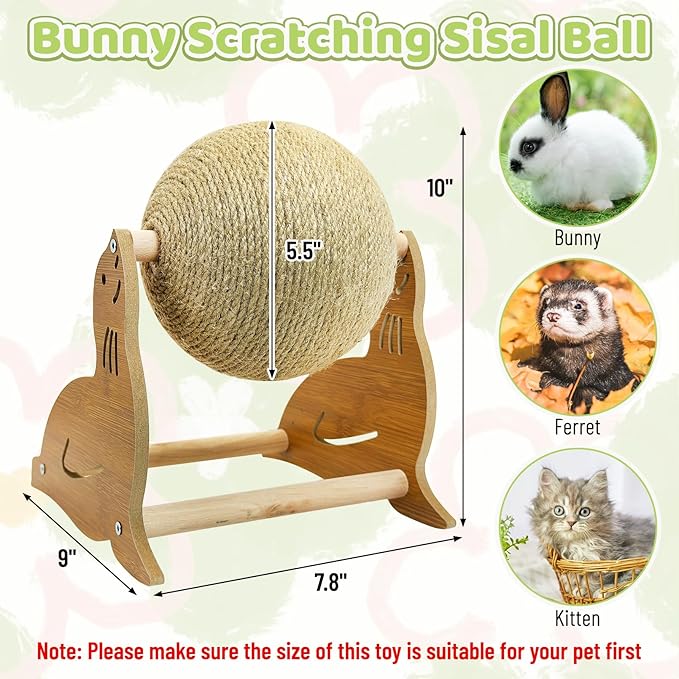 Fhiny Rabbit Scratch Toy, Natural Sisal Bunny Toy Rabbit Scratching Ball Cute Sisal Bunny Claw Scratcher Ball Enrichment Interactive Toy Scratching Post for Kittens Ferrets Sea Lion Shape