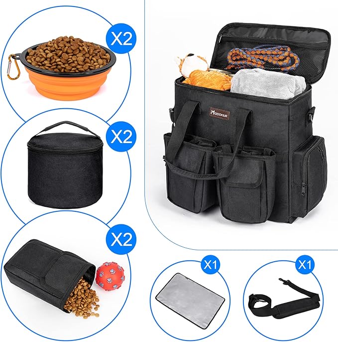 Dog Travel Bag, Airline Approved Pet Travel Bag with 2 Dog Treat Training Pouches for Weekend Pet Travel Supplies & Accessories, Black
