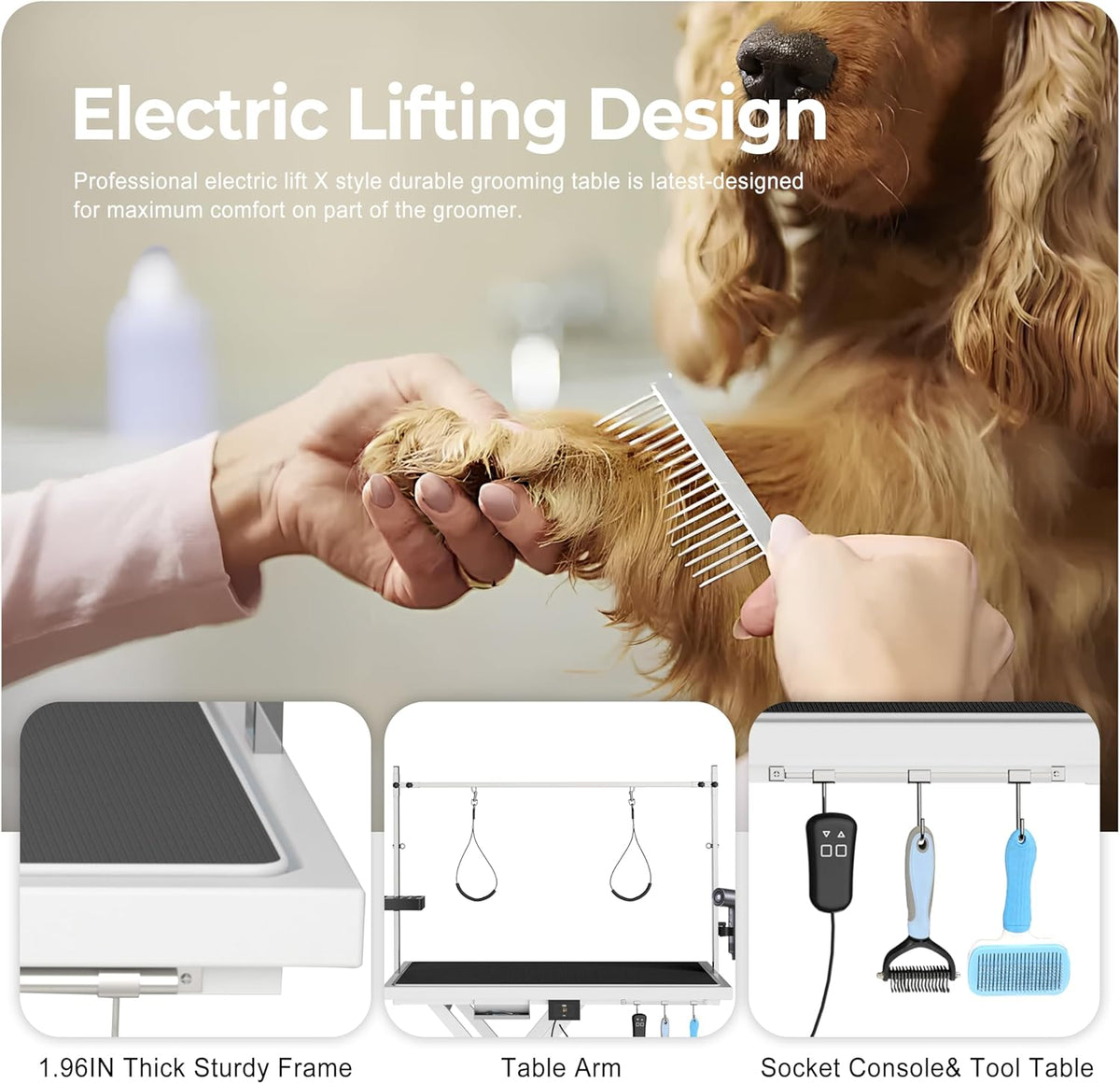 Heavy Duty Electric Lifting Pet Dog Grooming Table for Large Dogs with Overhead Arm, Anti-Skid Rubber Desktop and Powerful Motor, 50'' / White