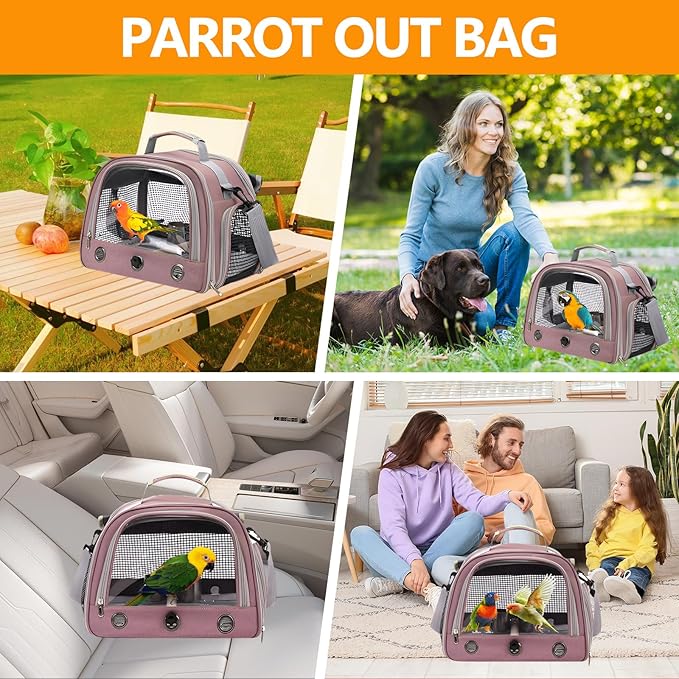 Bird Backpack,with Feeder Cups Tray Perch Portable Breathable Bird Carrier,for Small Birds Parrots Cockatiels (Pink)