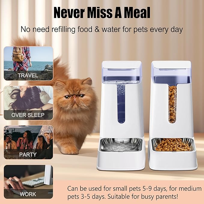 Automatic Cat Feeder and Cat Water Dispenser Set with Stainless Steel Bowls Gravity Dog Feeder for Small Medium Big Dog Pets Puppy Kitten, 3.8L x 2