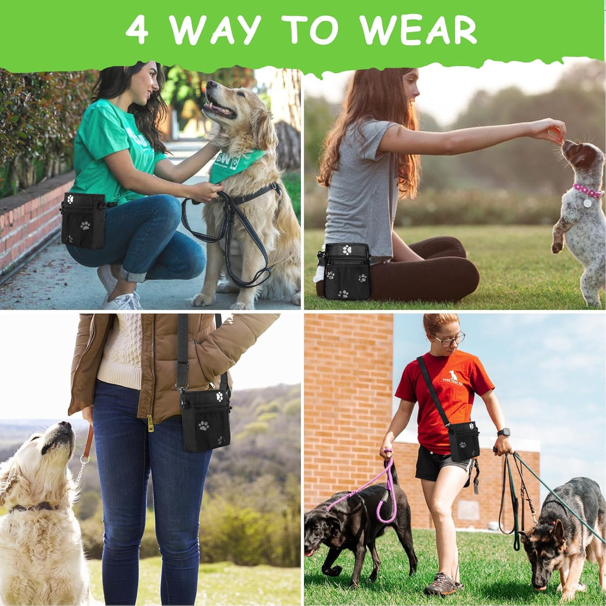 Dog Treat Pouch - 3 Ways to Wear Treat Pouches for Pet Training and 2 Pieces Clicker Taining for Dogs, Dog Training Treat Pouch Bag and Dog Clicker for Training with Waist Belt Shoulder Strap - Paws
