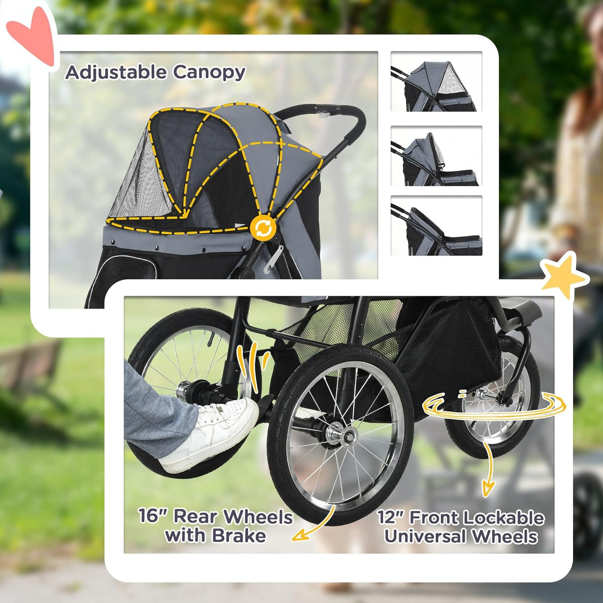 PawHut 3 Wheels Pet Stroller for Small and Medium Dogs, Foldable Cat Stroller Jogger with Adjustable Canopy, Safety Tether, Cushion, Storage Basket, Gray