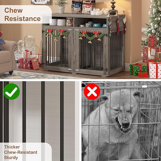 Furniture Dog Crate for 2 Dogs, 41 Inch Dog Kennel Furniture with Removable Divider and Shelf Storage, Wooden Dog Crate for Small/Medium Dogs, Grey