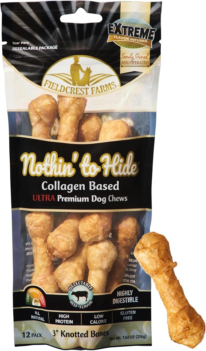 Fieldcrest Farms Nothin' to Hide 3 inch Ultra Knotted Bone Treats - Natural Rawhide Alternative Treats for Dogs, Collagen Based Snack for Heavy Chewers up to 15lbs - Beef Flavor, 12 Pack