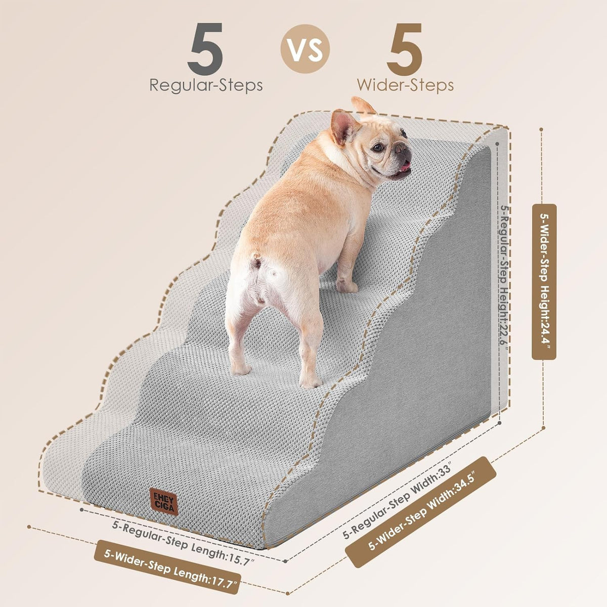 EHEYCIGA Curved Dog Stairs Ramp for High Beds, 5-Step Extra Wide Dog Steps for Small Dogs and Cats, Pet Stairs for High Bed Climbing, Non-Slip Balanced Pet Step Indoor, Light Grey