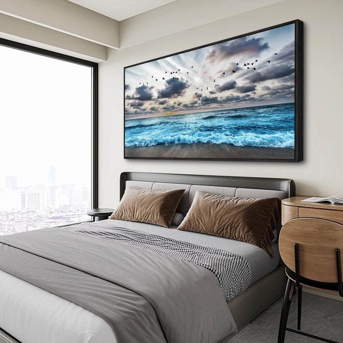 Wapluam Black Framed Canvas Wall Art For Living Room Large Wall Decoration For Bedroom Office Wall Decor Black And White Wall Painting Blue Sea Wave Pictures Artwork Modern Hotel Room Home Wall Art