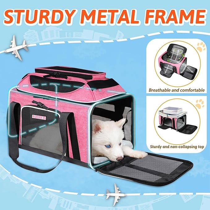 Petskd Top-Expandable Pet Carrier 17x12x8.5 Inches JetBlue Allegiant Spirit Airline Approved, Soft-Sided Carrier for Small Cats and Dogs with Locking Safety Zippers and Anti-Scratch Mesh(Pink)