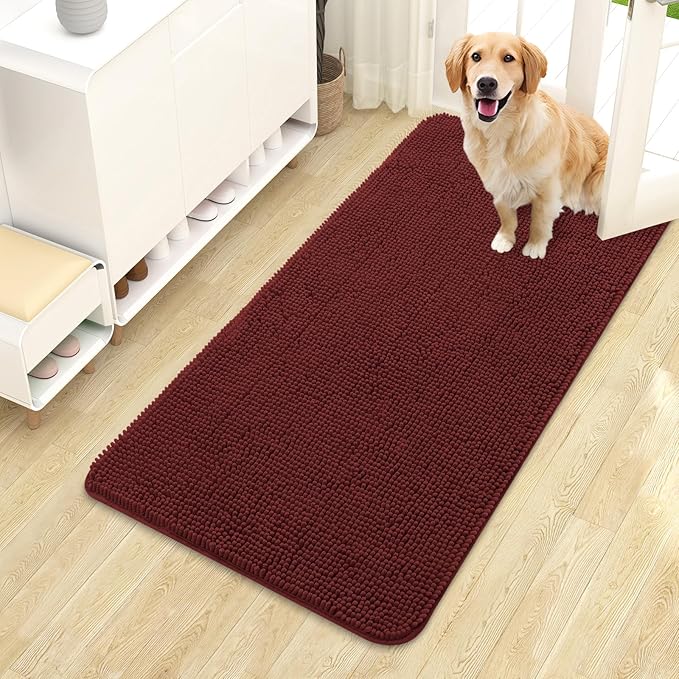 OLANLY Dog Door Mat for Muddy Paws 44x24, Absorbs Moisture and Dirt, Absorbent Non-Slip Washable Doormat, Quick Dry Chenille Mud Mat, Entry Indoor Entryway Carpet for Inside Floor, Caramel Russet