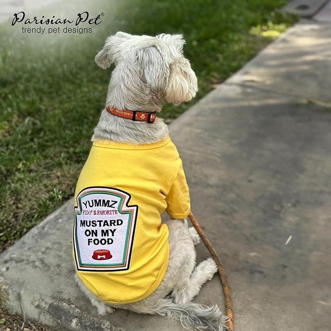 Parisian Pet Dog Shirt - Embroidered “Mustard on My Food“ - 100% Cotton and Polyester Dog Clothes - Sleeved, Lightweight Costume for Dogs - Yellow Dog Shirts for Medium-Sized Dogs - Pet Costumes - M