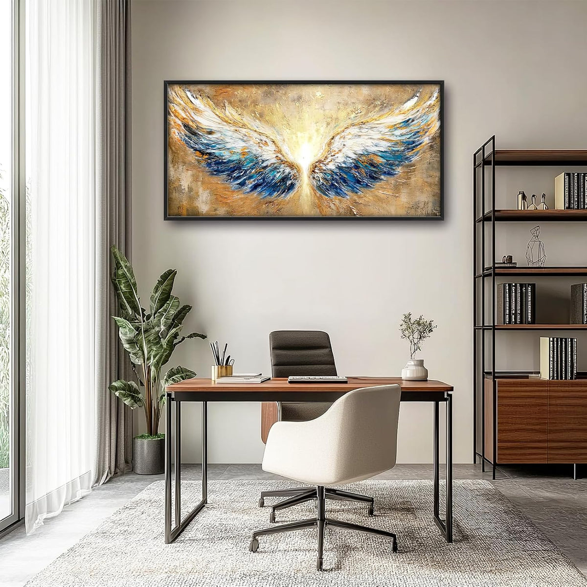Extra Large Angel Wings Framed Wall Art for Living Room,Oversized Golden Wings Pictures Wall Decor,Holy Gold Blue Canvas Print Painting Modern Artwork Bedroom Office Bathroom 60L" x 30W"