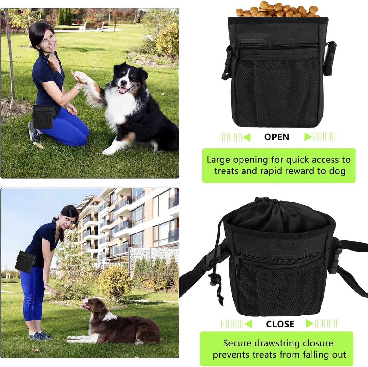 SZO Dog Treat Pouch - 3 Ways to Wear Treat Pouches for Pet Training, Dog Training Treat Pouch Bag and 2 Pieces Clicker Taining for Dogs with Waist Belt Shoulder Strap-Max Black