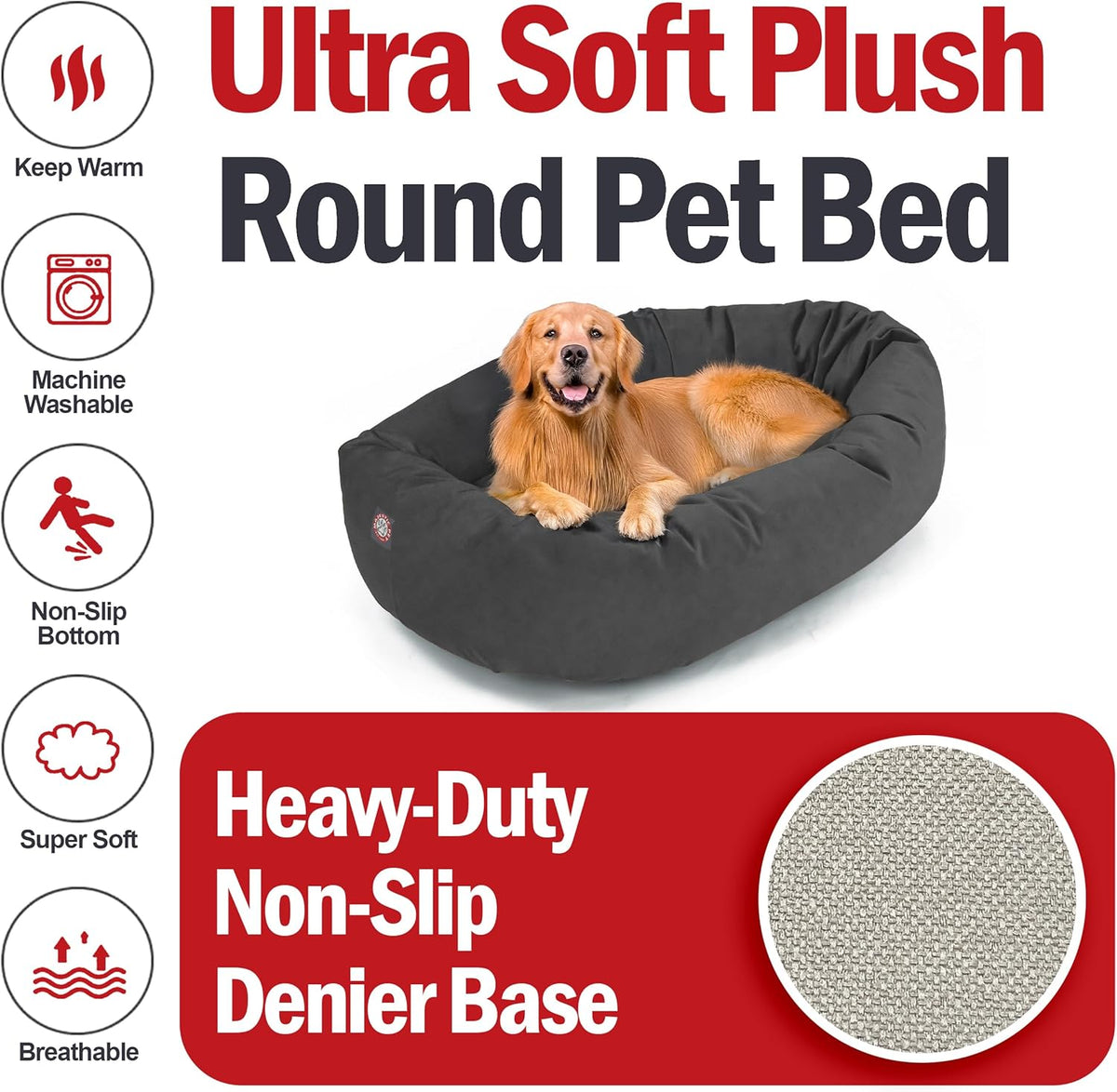 Majestic Pet 40 Inch Suede Calming Dog Bed Washable 40x29x9 (Inch) – Cozy Soft Round Donut Dog Bed with Spine Support for Dogs to Rest Their Head - Pet Bed Large – Gray (2025)