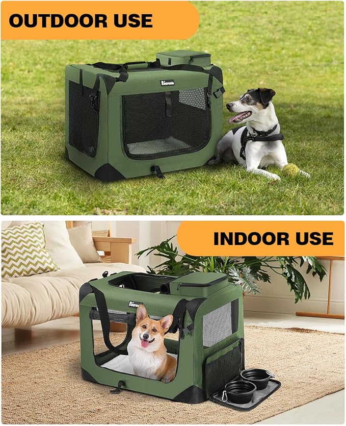 Extra Large Dog Crate with 2 Foldable Bowl, 36 Inch Collapsible Travel Dog Crate Kennel with Soft Blanket for Medium Dogs,Indoor & Outdoor (36" L x 25" W x 25" H, Green)