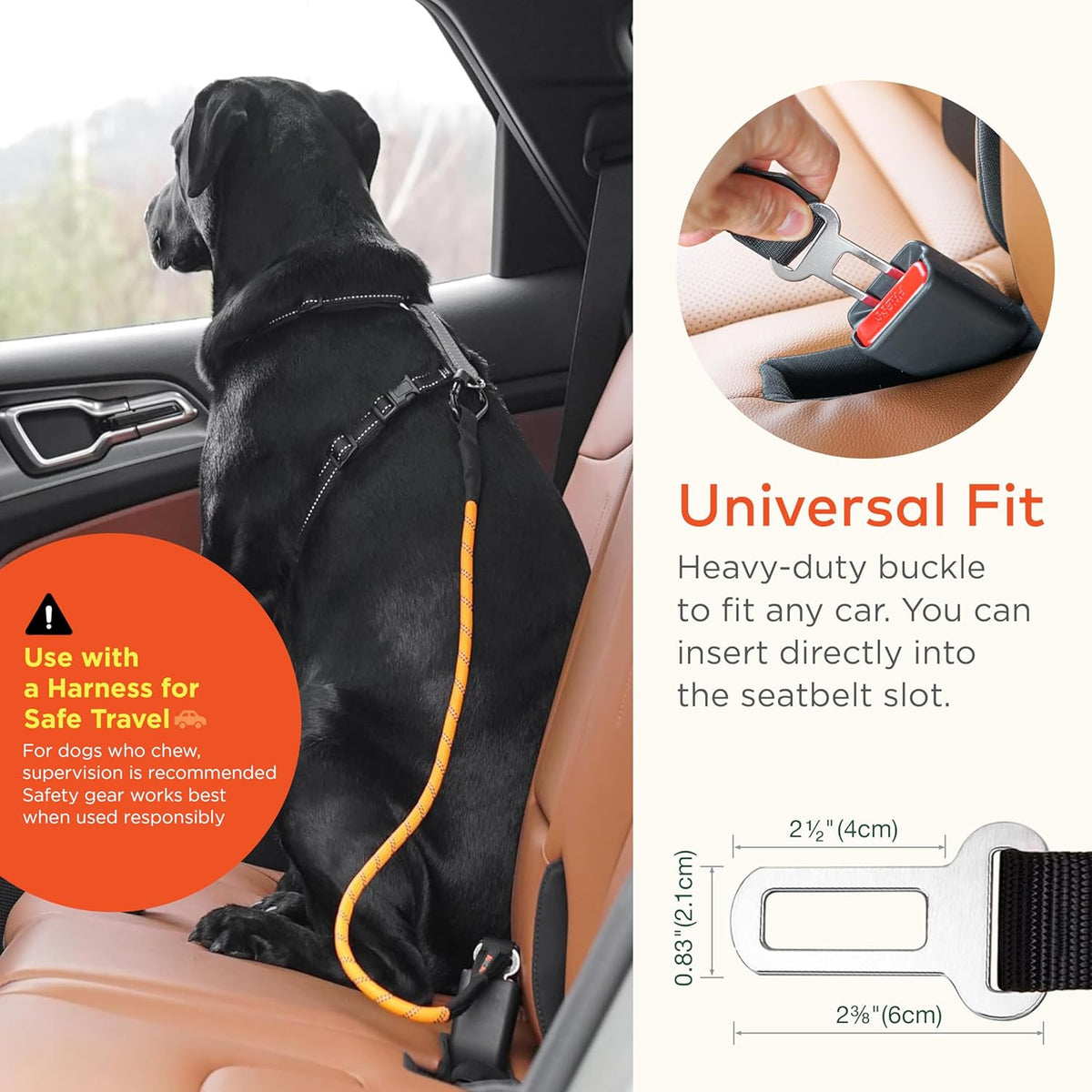 Dog Seat Belt for Car | Universal Dog Car Seatbelt | Durable Reflective Rope with Clip Hook Latch, Buckle and Carabiner- Safe and Secure Pet Safety Restraint (Orange)
