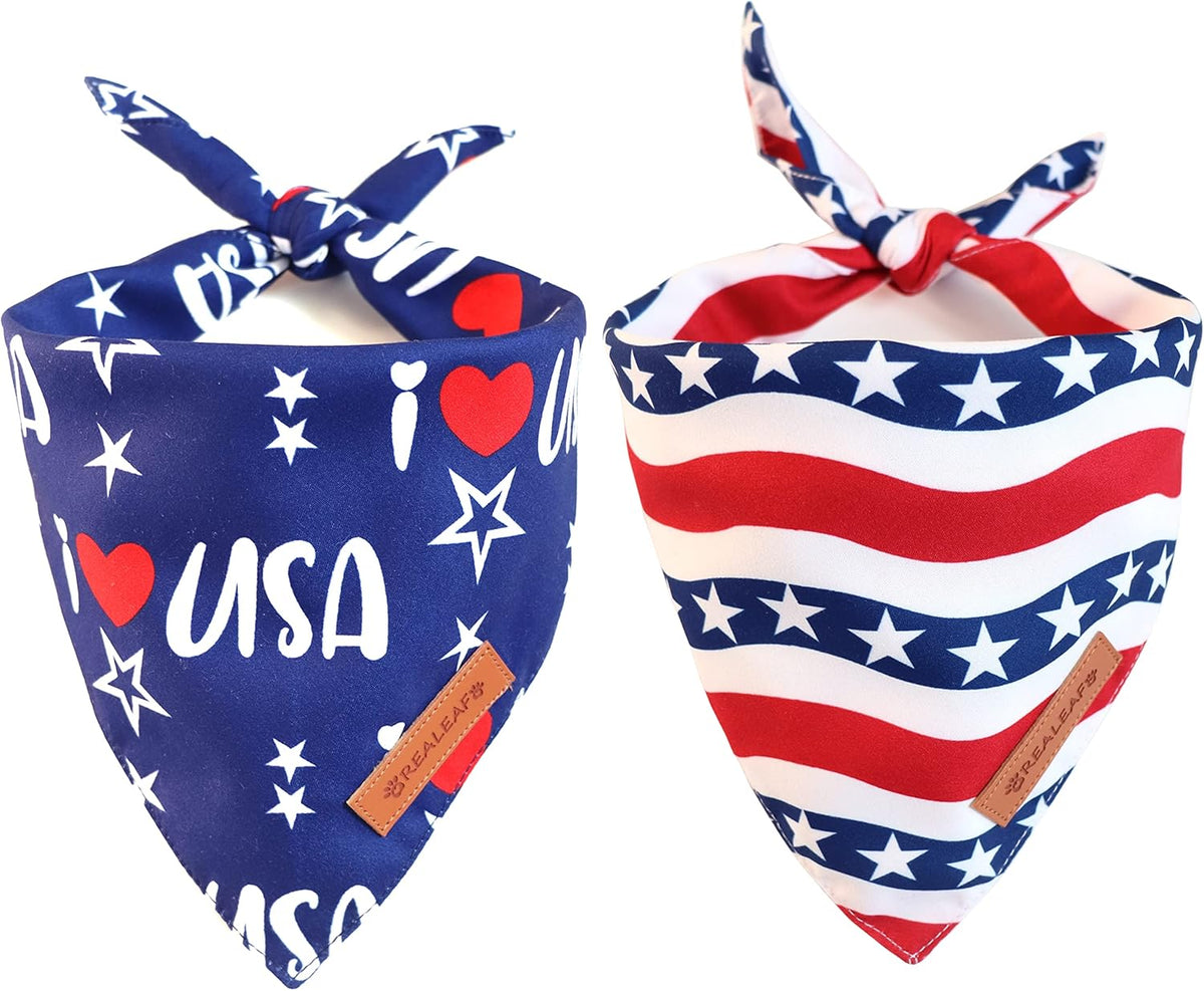 Realeaf 4th of July Bandanas 2 Pack, Triangle Reversible American Flag Pet Patriotic Scarf for Boy and Girl, Premium Durable Fabric, USA Bandana for Medium and Large Dogs (Large)