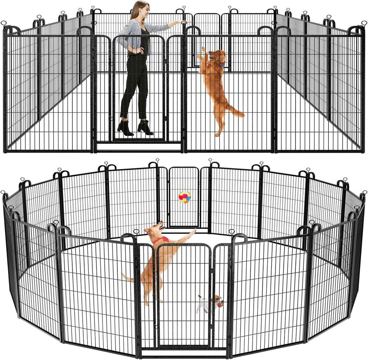 Dog Playpen Outdoor 16 Panels Heavy Duty Dog Fence 47" Height Anti-Rust with Doors Portable for RV Camping Yard, Total 36FT, 103 Sq.ft, Snowy Black