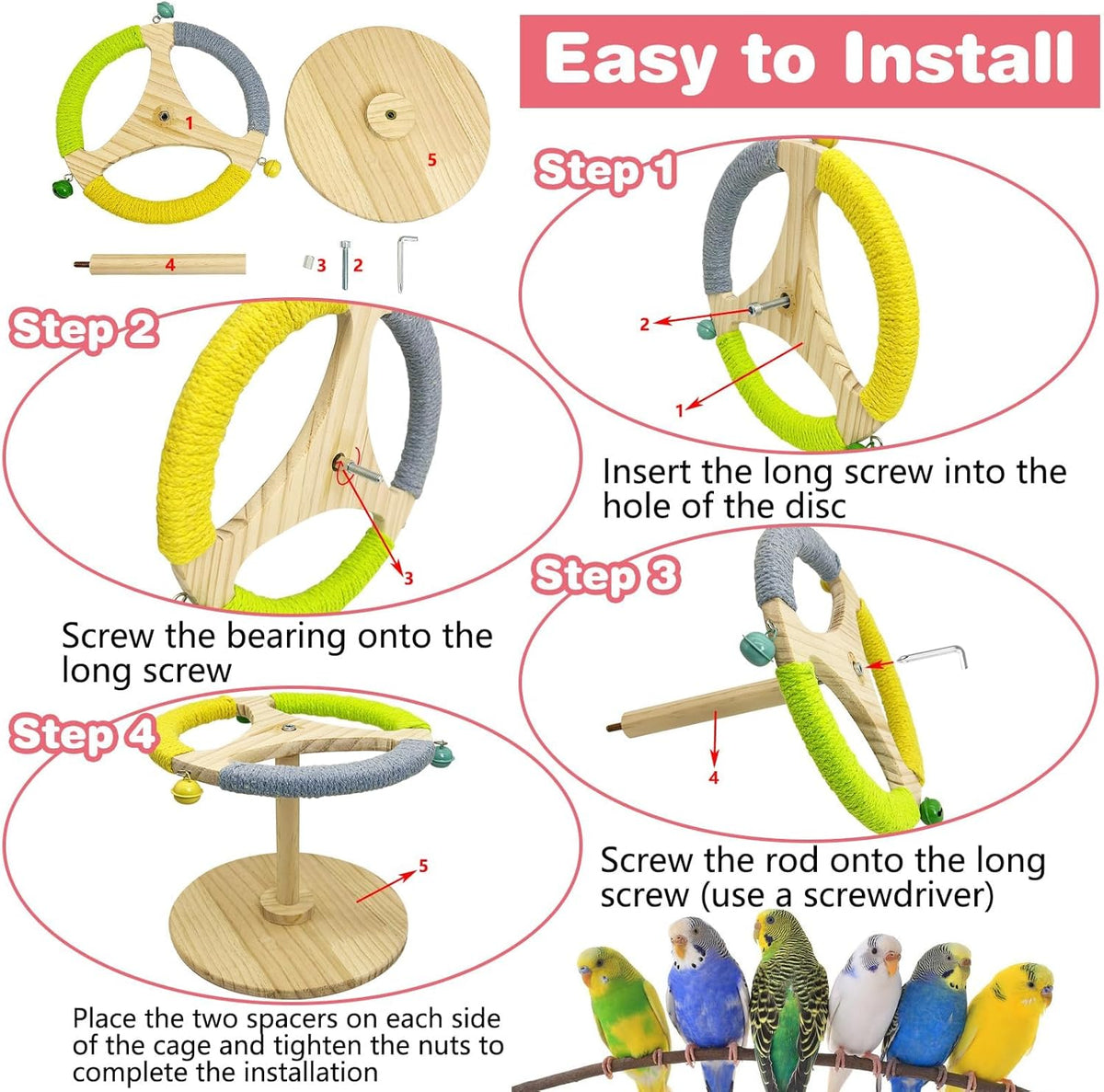 PINVNBY Bird Stand Perch Toy Wooden Spinning Parrot Perch with Cotton Rope and Bell Interactive Cockatiel Toy Bird Cage Accessories for Parakeets Conures Budgies Finches Lovebirds