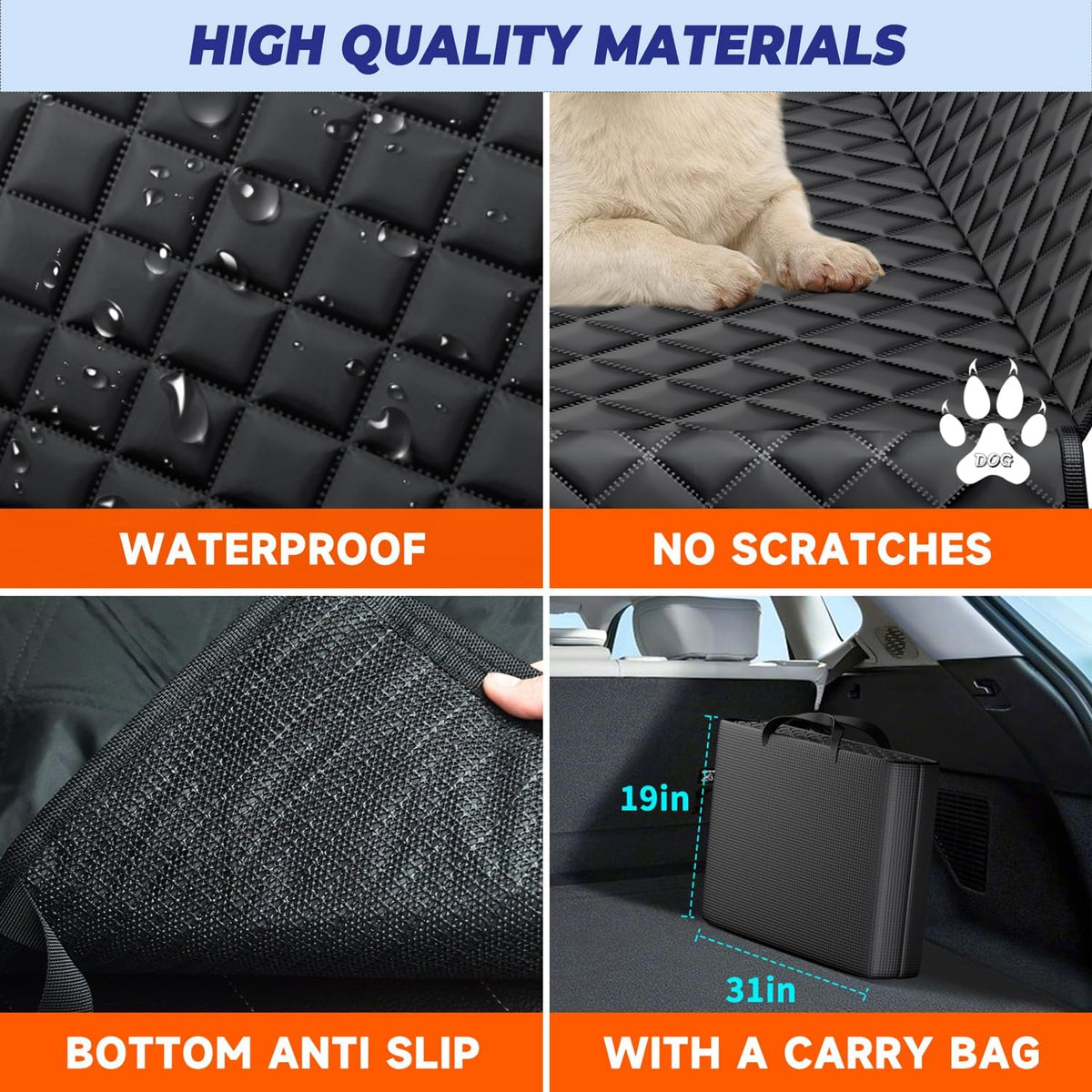 Dog Back Seat Extender for Truck, Hard Bottom Dog Car Seat Cover-Strong Support Waterproof Scratch-Proof Pet Hammock for Full Size F150/RAM1500/Silverado Crew Cab Pickup, Black with Orange