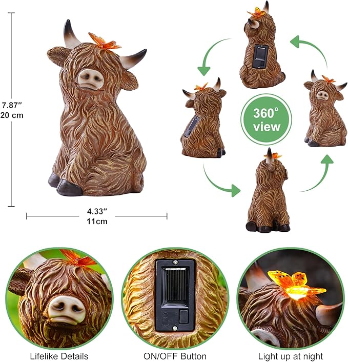 Solar Garden Statue Highland Cow Figurine – Outdoor Decoration with Butterfly for Garden Yard Lawn Home Decor Outside : Unique Gifts for Mom Grandma