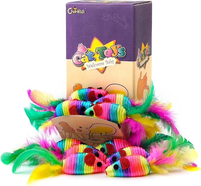 CHIWAVA 24PCS 5" Rattle Cat Toys Mice with Feathers Rainbow Rope Mouse Kitten Interactive Toy Assorted Color