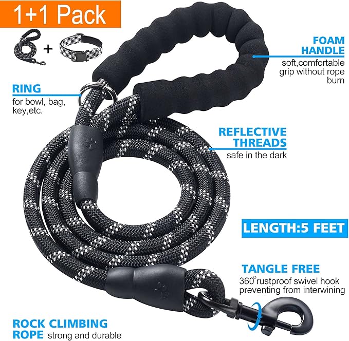 Reflective Dog Collar Padded with Soft Neoprene Breathable Adjustable Nylon Dog Collars for Small Medium Large Dogs (Large (Pack of 1), Black Plaid Collar+Leash)