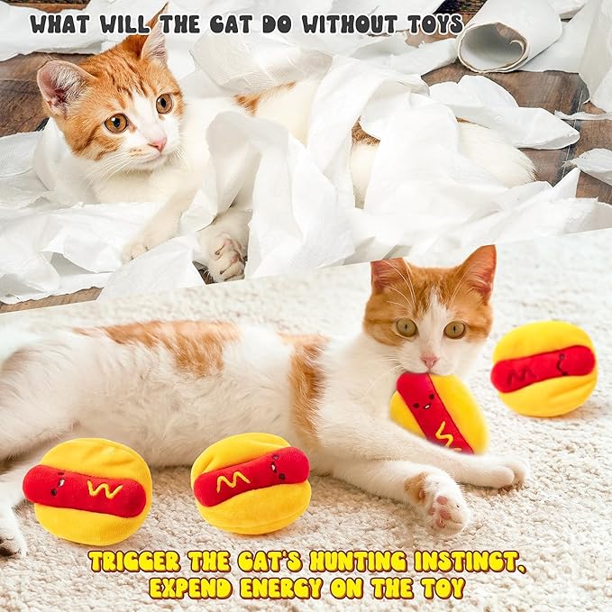 L1rabe Hot Dog Catnip Stuffed Toys - 5Pcs Fall Funny Hot Dog Cat Toys Indoor Yellow Interactive Pet Supplies, Kitten Chew Bite Tools Cat Lovers Gifts, Organic Eco-friendly Birthday Present for Kittens