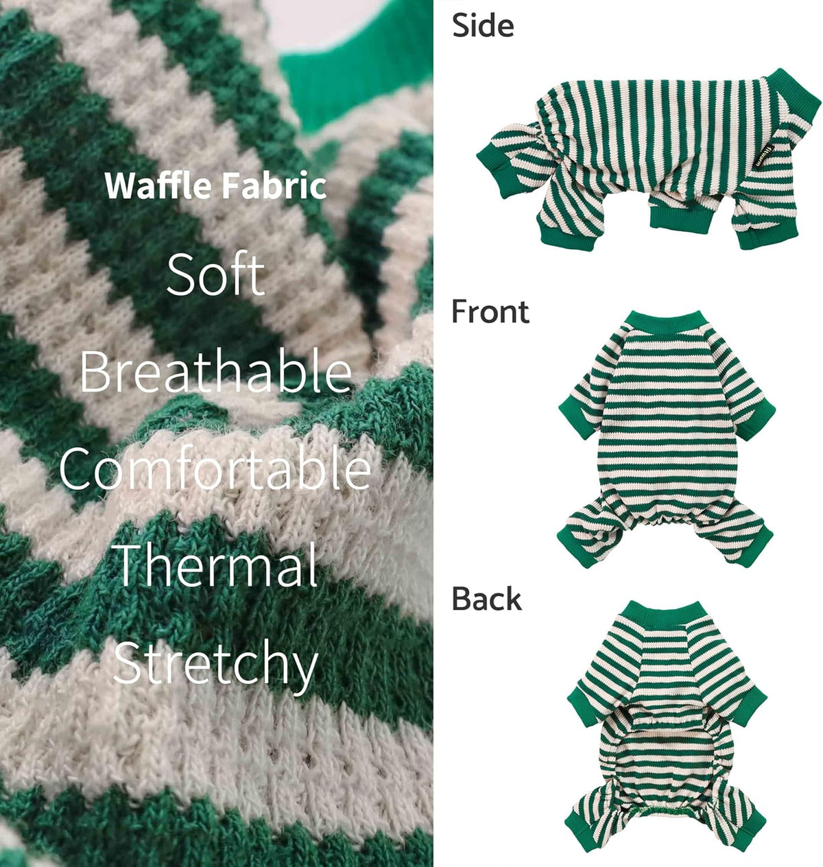 Fitwarm Green and White Striped Dog Pajamas, Waffle Dog Clothes for Small Dogs Girl Boy, Puppy Onesie with Feet, Pet Cat Outfit, Large