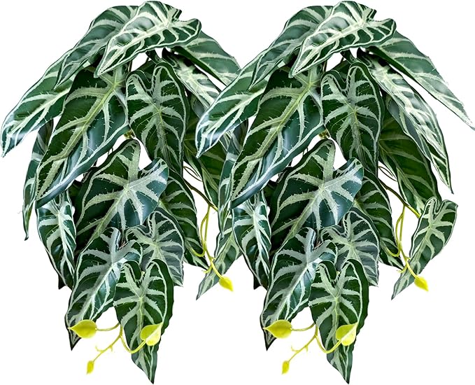 Woyrise 2 Pack Reptile Plants, Terrarium Hanging Plant Vines, Artificial Leaves with Suction Cup, Bearded Dragon Tank Accessories for Gecko Lizard Snake Frog Tortoise Decorations - Alocasia Velvet
