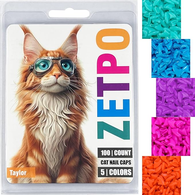 zetpo 100 pcs Cat Nail Caps | Cat Claw Covers | with Adhesives and Applicators (M, Turquoise, Sky Blue, Purple, Rose, Orange Peel)