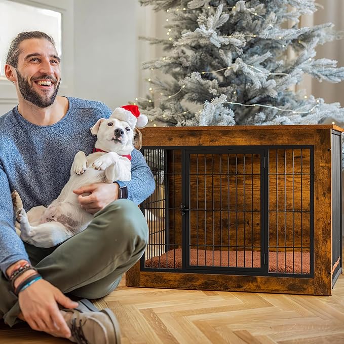 Bigrab Dog Crate Furniture with Thick Cushion, Side End Table Wooden Dog Cage with Double Doors, Chew-Resistant Dog Kennel Dog House Indoor for Small to Large Dog, M