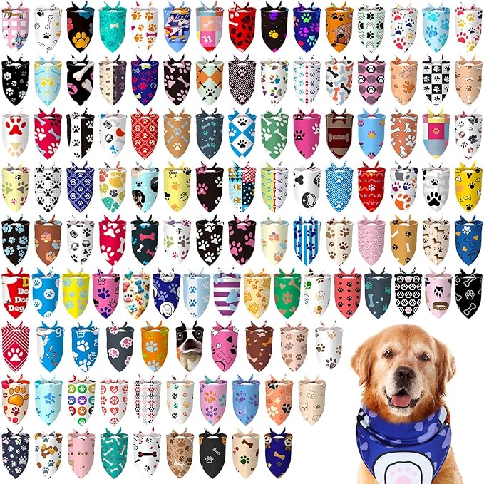 100 Pcs Paw Dog Bandanas Bulk Paw XL Pet Bandanas Colorful Triangle Pet Bibs Scarfs for Medium Large Dogs Spring Summer Birthday Holiday Costume Decoration