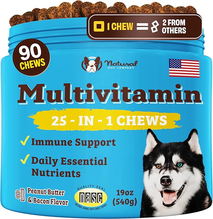 Natural Dog Company 25 in 1 Multivitamin for Dogs – Daily Soft Chews with Vitamins, Minerals & Antioxidants, Immune & Joint Support, for All Ages, Sizes & Breeds, Bacon & Peanut Butter – 90 Count